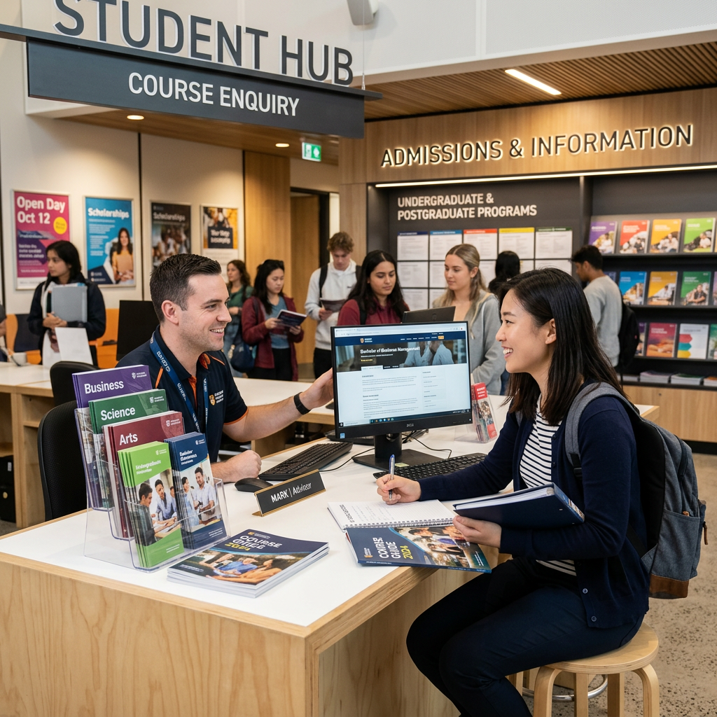 Student discussing university courses with an adviser at an admissions desk